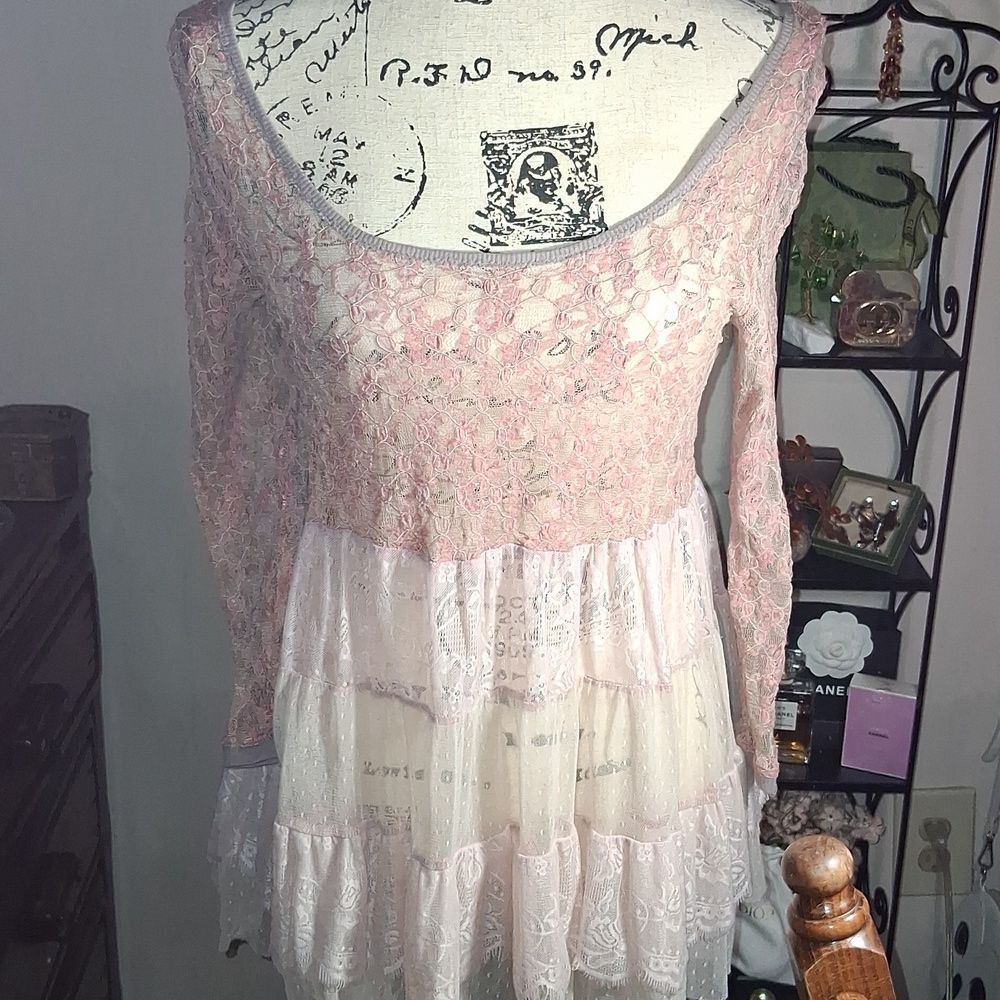 Free People Vintage Tiered Lace Baby Doll Women Top in Pink and Cream Size S/P